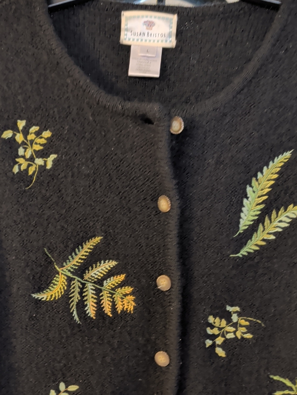 Susan Bristol Vintage Fern Embroidered 100% Wool Whimsical Grandma Cardigan - Picture 4 of 12